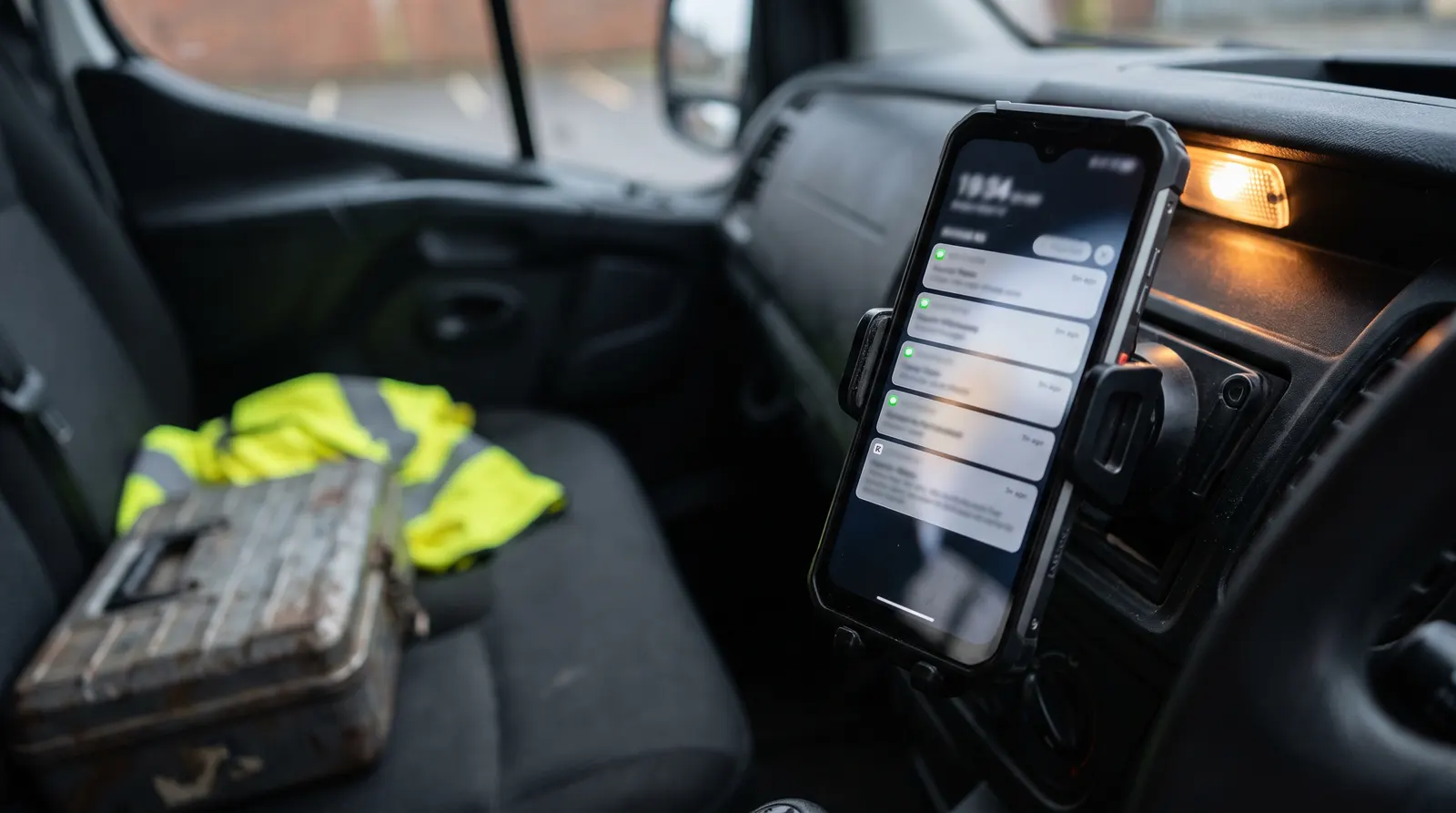 A phone mounted on a work vehicle dashboard showing a stack of text notifications, with a safety vest and toolbox on the seat.