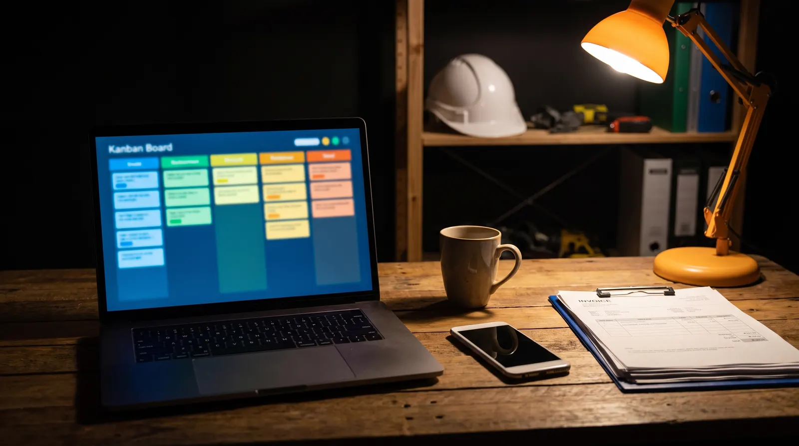 Contractor office desk at night with a laptop showing a lead pipeline board, an orange desk lamp and a hard hat on the shelf.