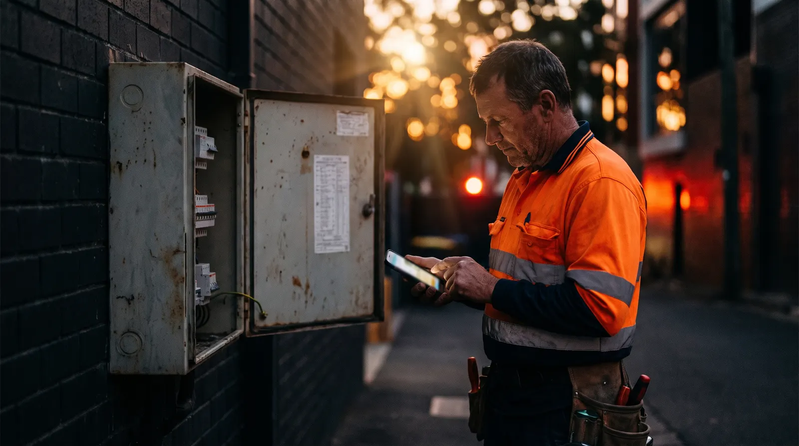 Electrician in a high-visibility work shirt checking a job on his phone beside an open electrical panel at dusk.