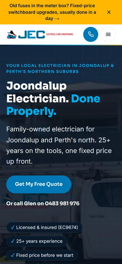The new Joondalup Electrical homepage on a phone: an offer bar, a tap to call button, the headline and the license and guarantee badges.