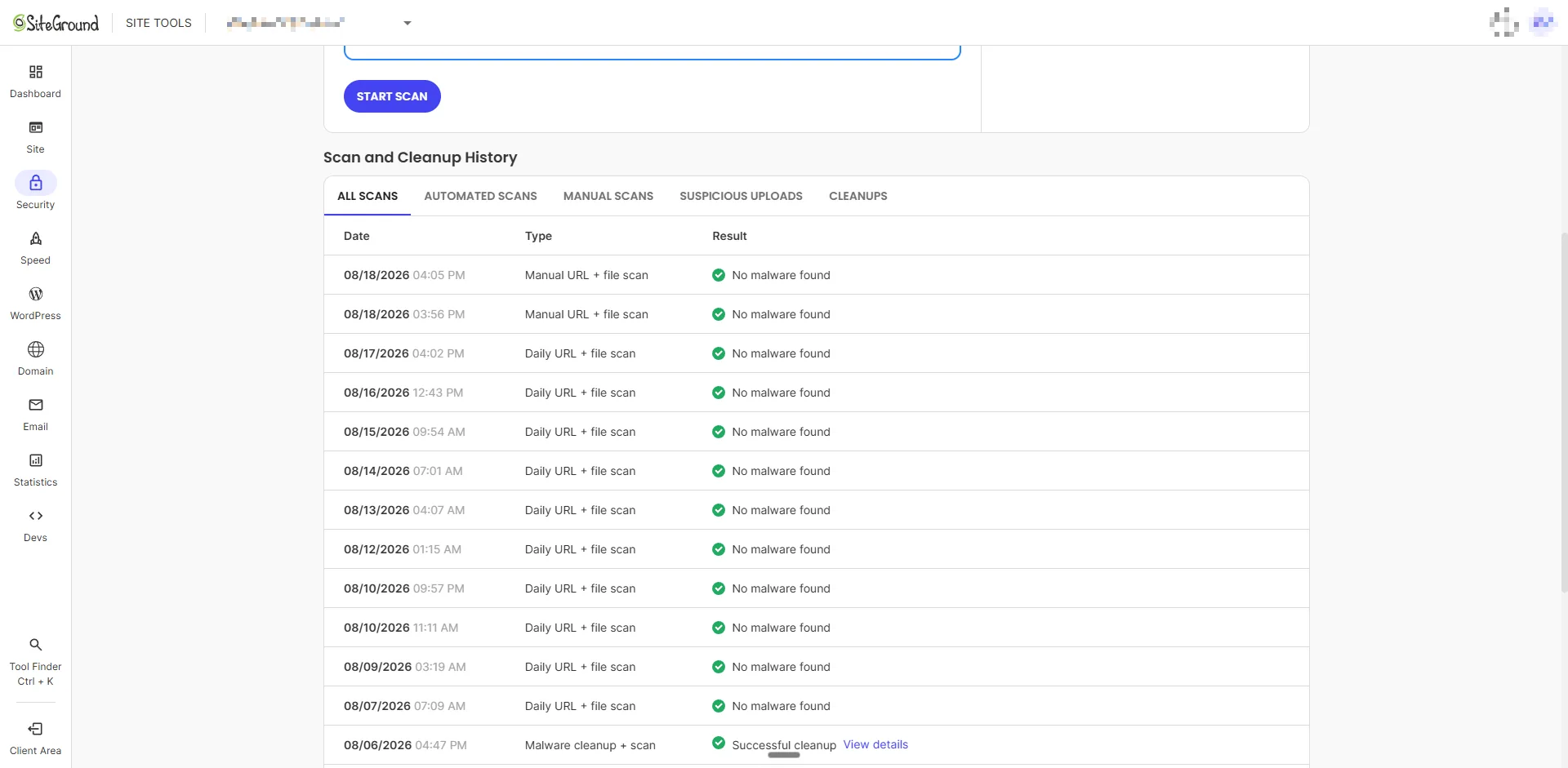 SiteGround Site Scanner history showing twelve consecutive scans reporting no malware found, dated August 7 to 18, 2026, with the site domain and account details blurred.